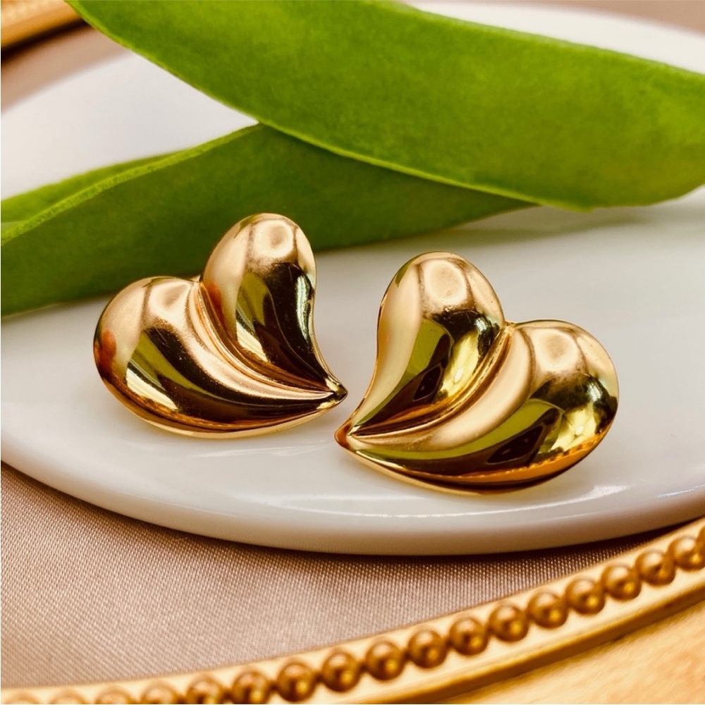 Gold Peach Heart Shaped Stud Statement Earrings